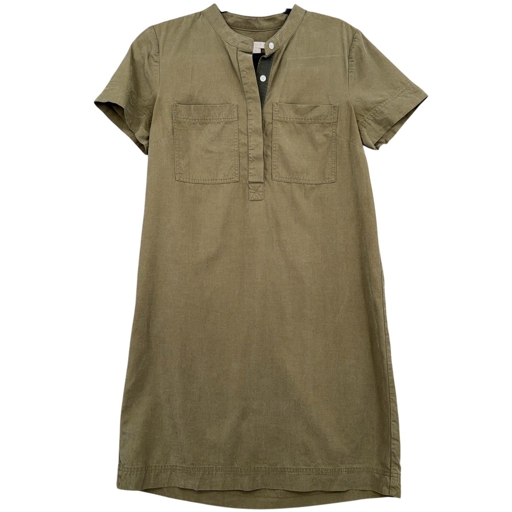 J.Crew F4527 Shift Dress Women S Lyocell Cotton Olive Green Short Sleeve Utility